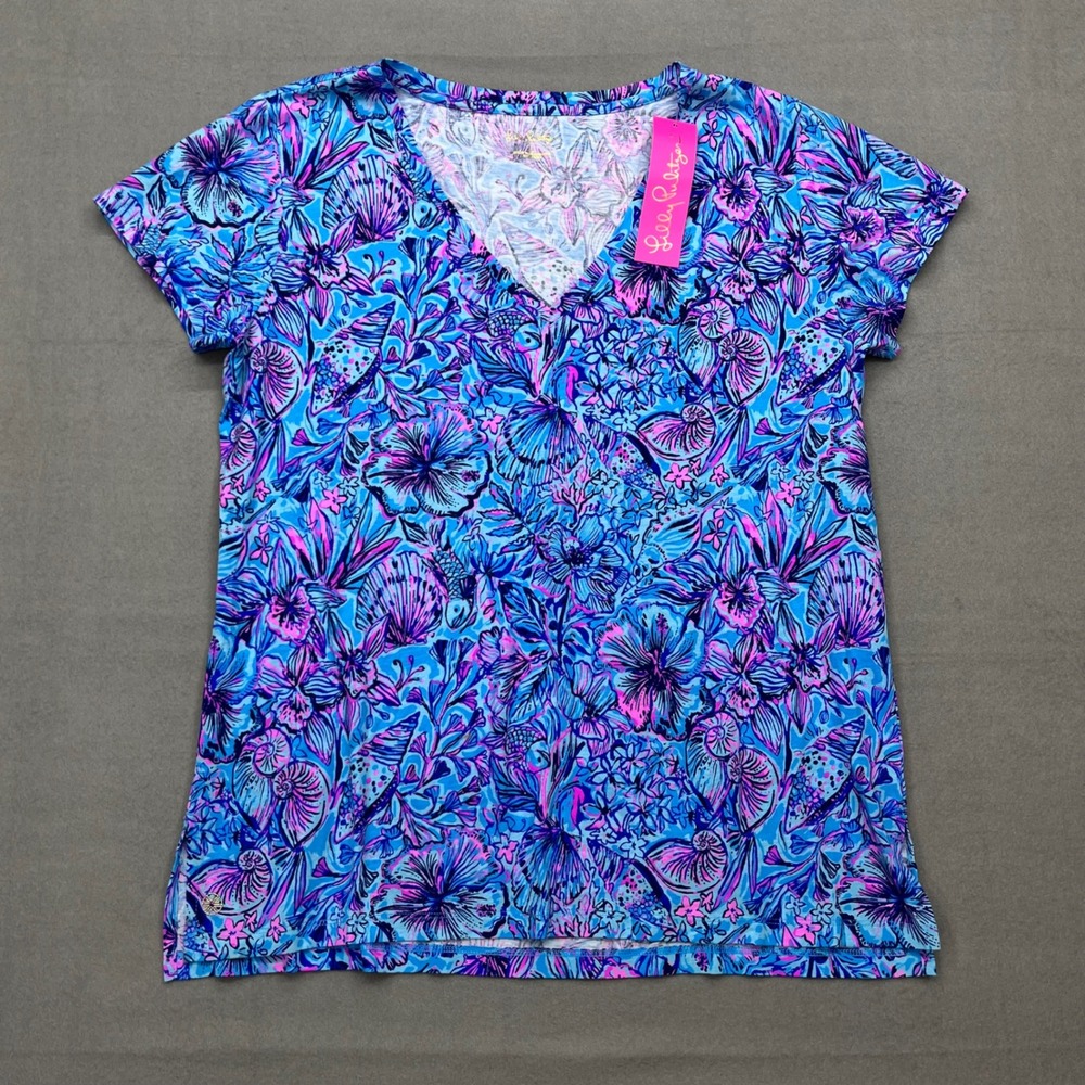Lilly Pulitzer Meredith Tee Breakwater Blue Shells N Bells V-Neck Cotton L NEW